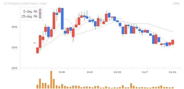 ビーグリー(3981)の日足チャート