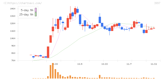 トレードワークス(3997)の日足チャート