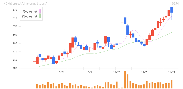 ＲＥＶＯＬＵＴＩＯＮ(8894)の日足チャート