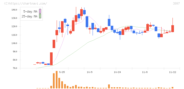 トレードワークス(3997)の日足チャート