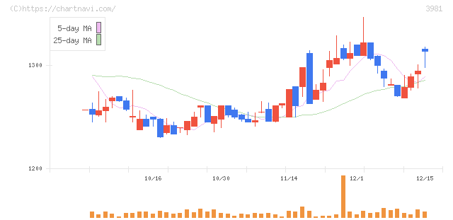 ビーグリー(3981)の日足チャート