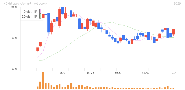 ヒガシホールディングス(9029)の日足チャート